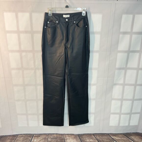 H&M NWT Black Vegan Faux Leather High Waist Straight Leg Pants Size 4 - Picture 2 of 10